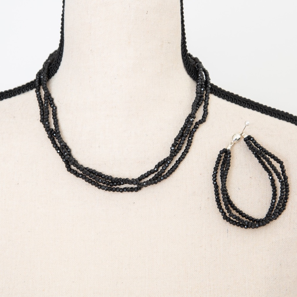 Black spinel jewelry set 230.00 CTW faceted beaded necklace and bracelet JTV
